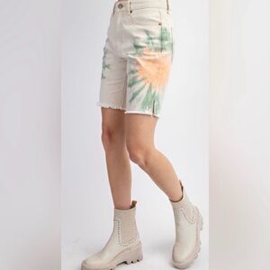 Women's Cream Tie-Dye Bermuda Shorts with Green & Orange Accent